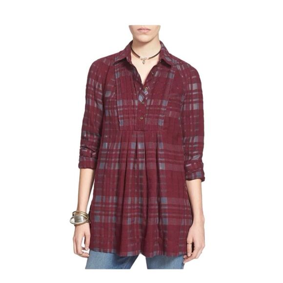 Free People Tops - Free People Baby Blues Plaid Tunic Top Small Flannel Burgundy Pockets